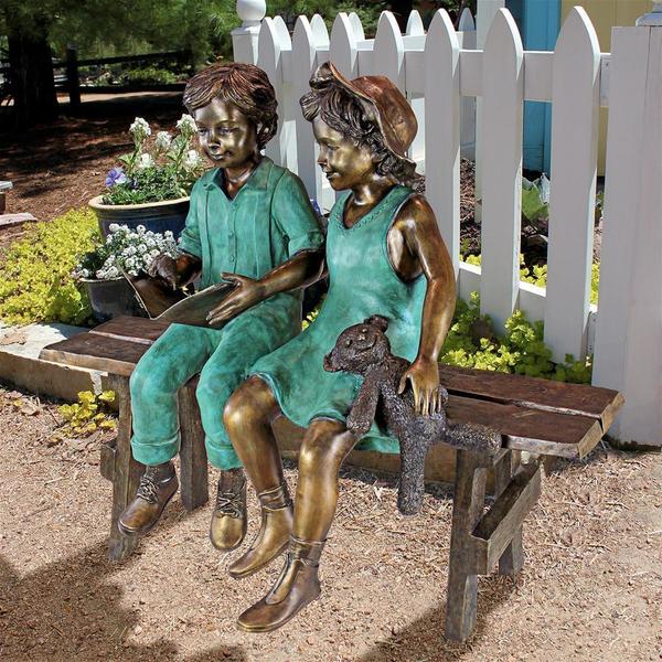 Design Toscano Read to Me, Boy and Girl on BenchCast Bronze Garden